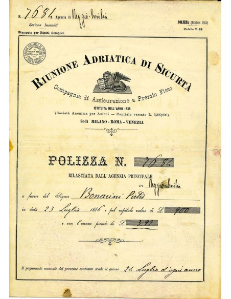1886 - RAS RIUNIONE ADRIATICA DI SICURTA' - INCENDIO - REGGIO EMILIA