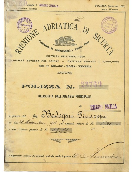 1901 - RAS RIUNIONE ADRIATICA DI SICURTA' - INCENDIO - REGGIO EMILIA