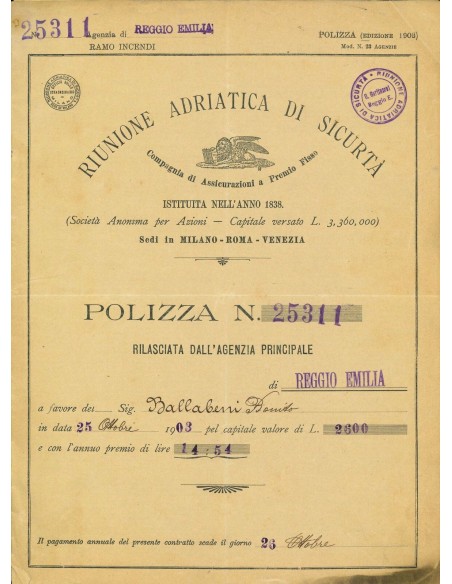 1903 - RAS RIUNIONE ADRIATICA DI SICURTA' - INCENDIO - REGGIO EMILIA