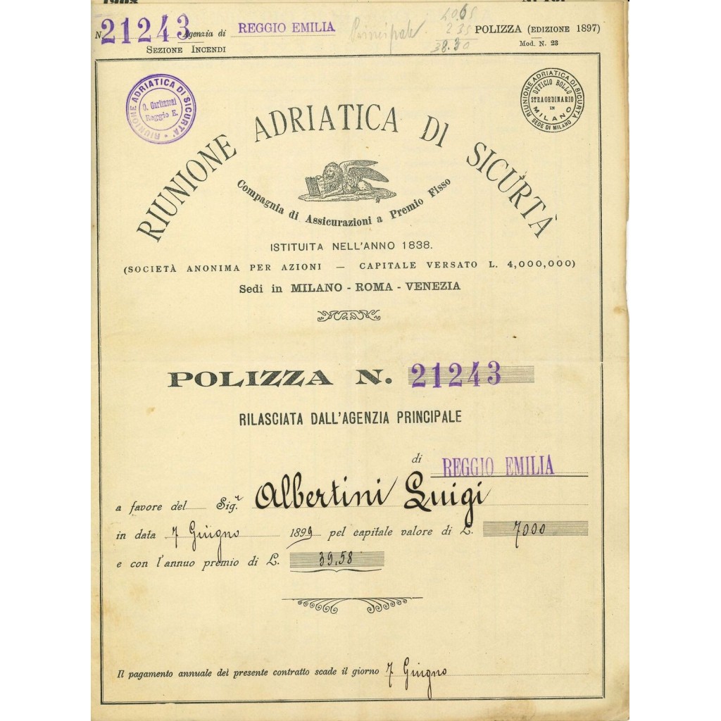 1899 - RAS RIUNIONE ADRIATICA DI SICURTA' -...