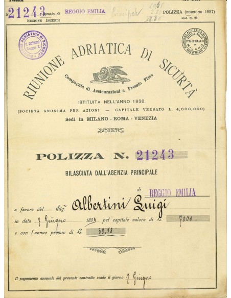 1899 - RAS RIUNIONE ADRIATICA DI SICURTA' - INCENDIO - REGGIO EMILIA