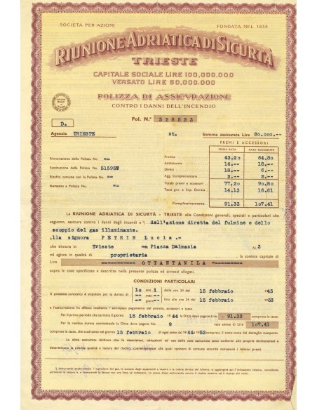 1943 - RAS RIUNIONE ADRIATICA DI SICURTA' - INCENDIO - TRIESTE