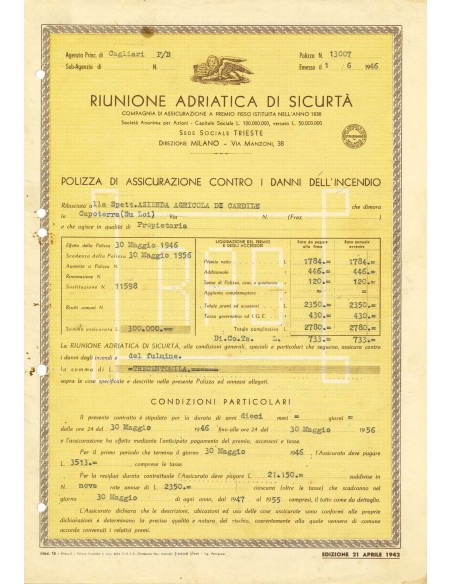 1946 - RAS RIUNIONE ADRIATICA DI SICURTA' - INCENDIO - CAGLIARI