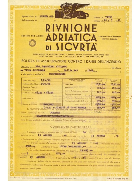 1946 - RAS RIUNIONE ADRIATICA DI SICURTA' - INCENDIO - MODENA