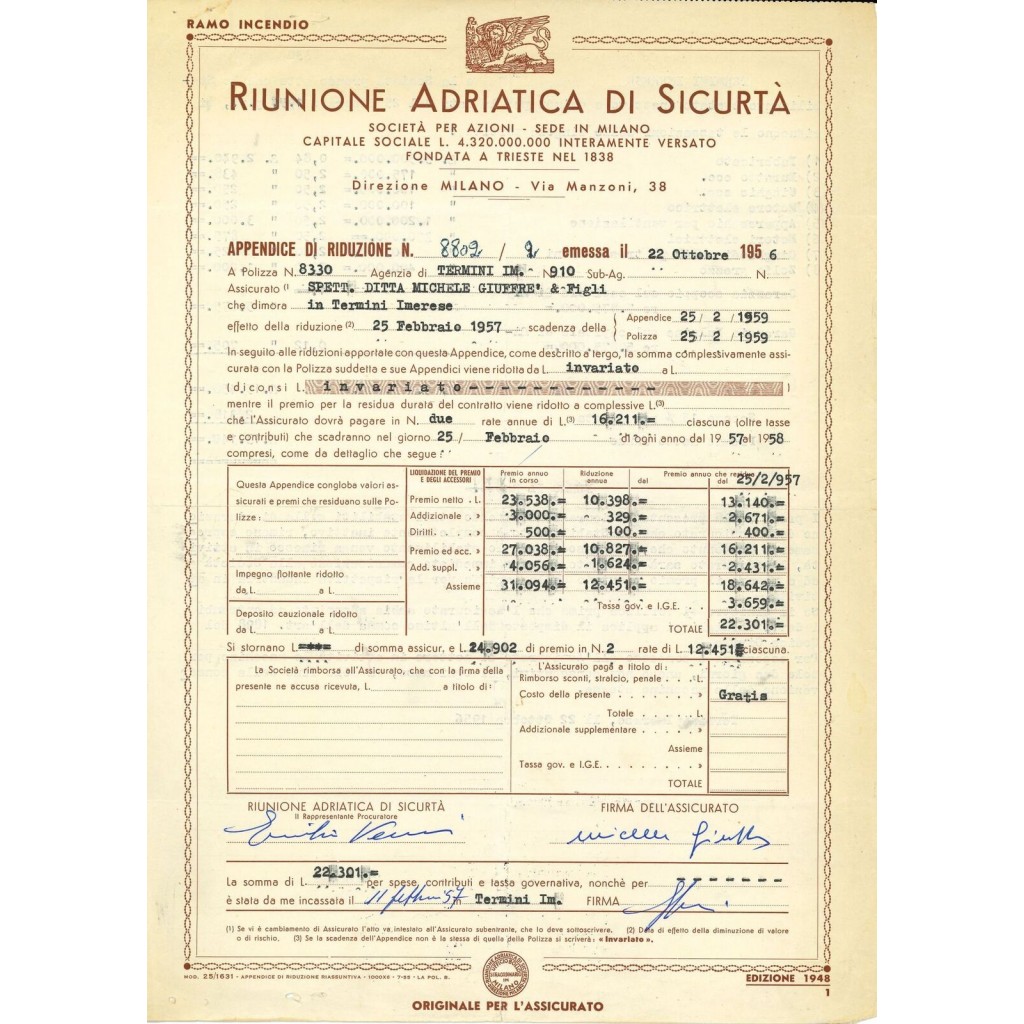 1956 - RAS RIUNIONE ADRIATICA DI SICURTA' -...