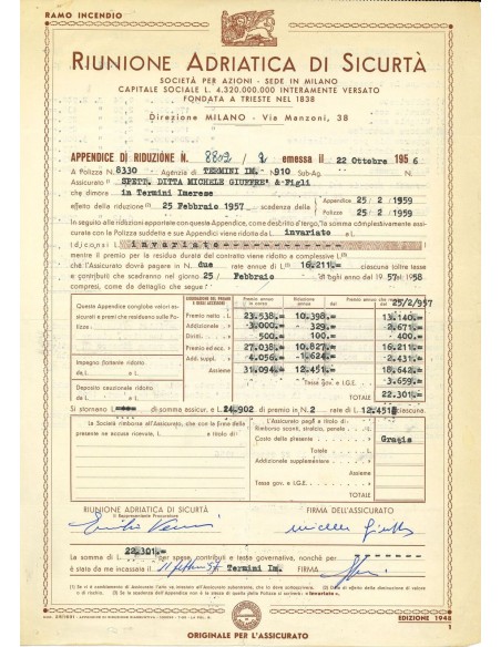 1956 - RAS RIUNIONE ADRIATICA DI SICURTA' - INCENDIO - TERMINI IMERESE