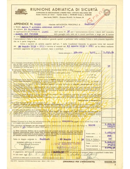 1939 - RAS RIUNIONE ADRIATICA DI SICURTA' - INCENDIO - CAGLIARI