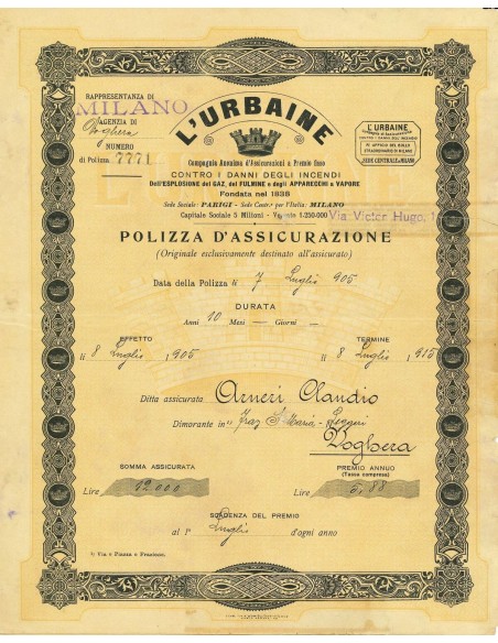 1905 - L'URBAINE COMPAGNIA ANONIMA D' ASSICURAZIONI - INCENDIO - VOGHERA