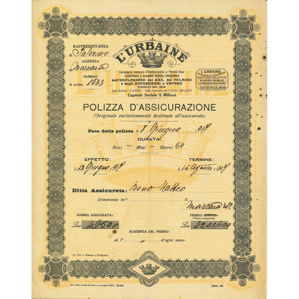 1917 - L'URBAINE COMPAGNIA ANONIMA D'...