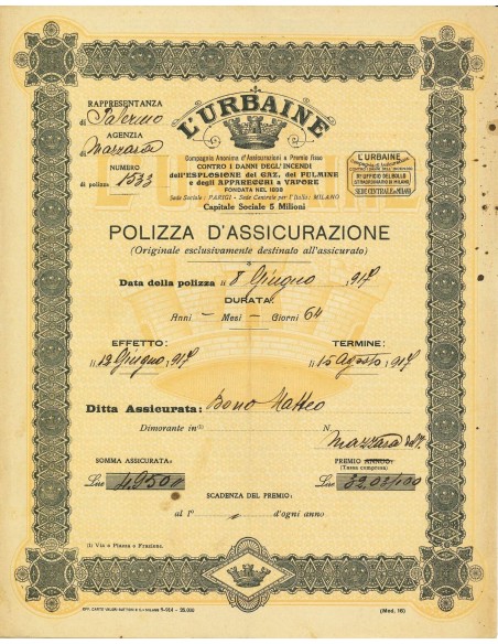 1917 - L'URBAINE COMPAGNIA ANONIMA D' ASSICURAZIONI - INCENDIO - MAZZARA
