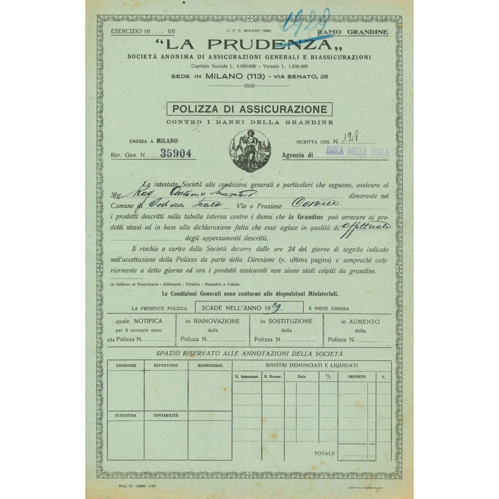 1929 - LA PRUDENZA - GRANDINE - MILANO