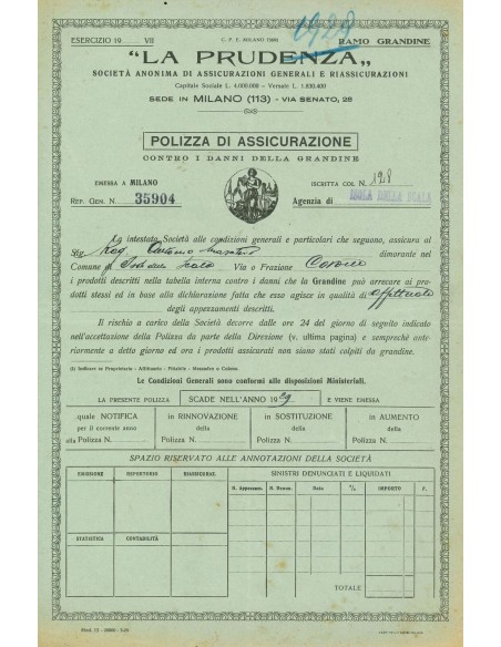 1929 - LA PRUDENZA - GRANDINE - MILANO