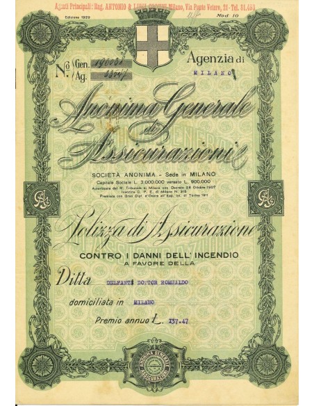 1931 - ANONIMA GENERALE DI ASSICURAZIONI - INCENDIO - MILANO