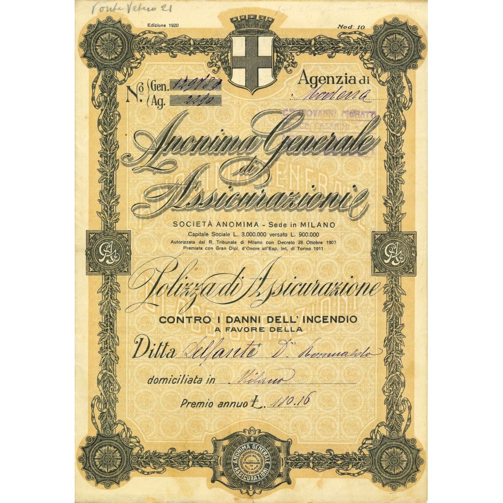 1921 - ANONIMA GENERALE DI ASSICURAZIONI -...
