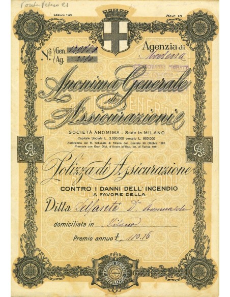 1921 - ANONIMA GENERALE DI ASSICURAZIONI - INCENDIO - MILANO
