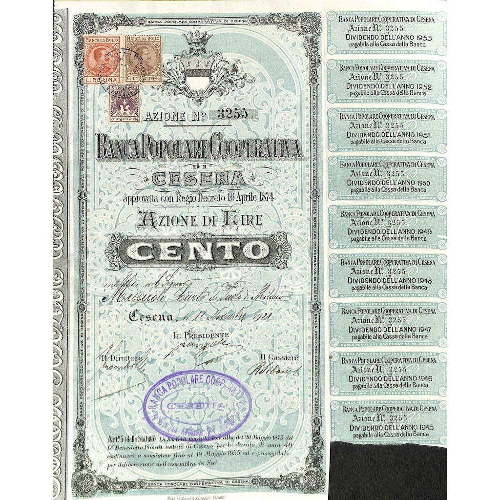 BANCA POPOLARE COOP. DI CESENA - UNA AZIONE CESENA 1921