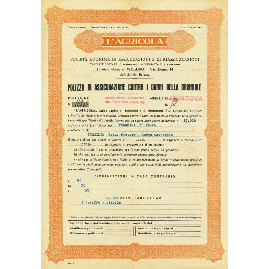 1933 - L'AGRICOLA - GRANDINE - CAMPIONE