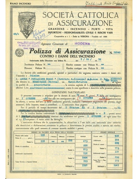 1952 - SOCIETA' CATTOLICA DI ASSICURAZIONE - INCENDIO - MODENA