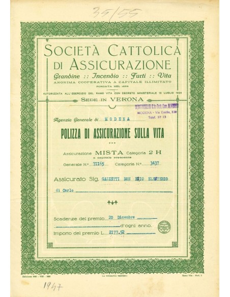 1947 - SOCIETA' CATTOLICA DI ASSICURAZIONE - VITA - VERONA