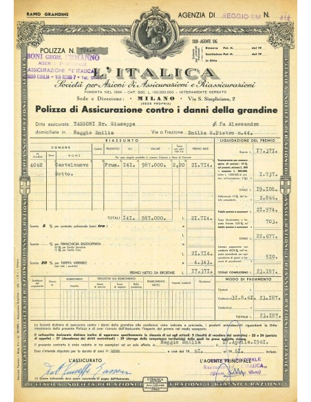 1961 - L'ITALICA SOCIETA' PER AZIONI DI ASSICURAZIONI E RIASSICURAZIONI - GRANDINE - REGGIO EMILIA