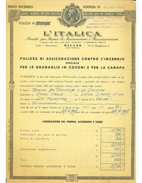 1957 - L'ITALICA SOCIETA' PER AZIONI DI ASSICURAZIONI E RIASSICURAZIONI - INCENDIO - REGGIO EMILIA