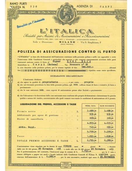 1958 - L'ITALICA SOCIETA' PER AZIONI DI ASSICURAZIONI E RIASSICURAZIONI - FURTO - MILANO