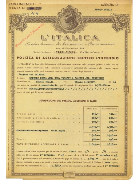 1948 - L'ITALICA SOCIETA' ANONIMA DI ASSICURAZIONI E RIASSICURAZIONI - INCENDIO - MILANO