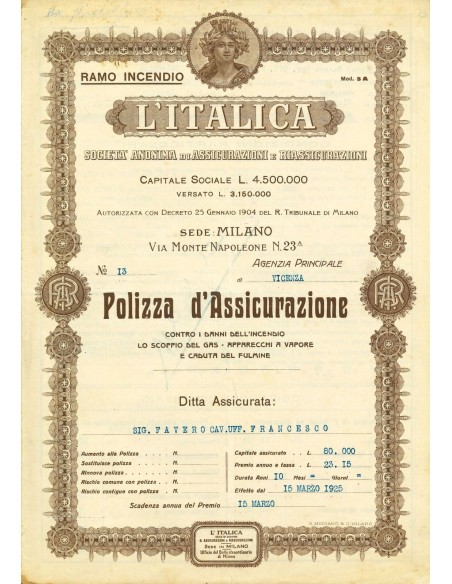 1925 - L'ITALICA SOCIETA' ANONIMA DI ASSICURAZIONI E RIASSICURAZIONI - INCENDIO - VICENZA