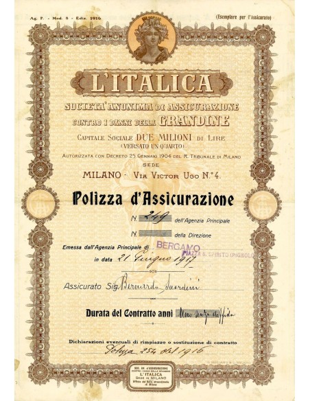 1917 - L'ITALICA SOCIETA' ANONIMA DI ASSICURAZIONE - GRANDINE - BERGAMO