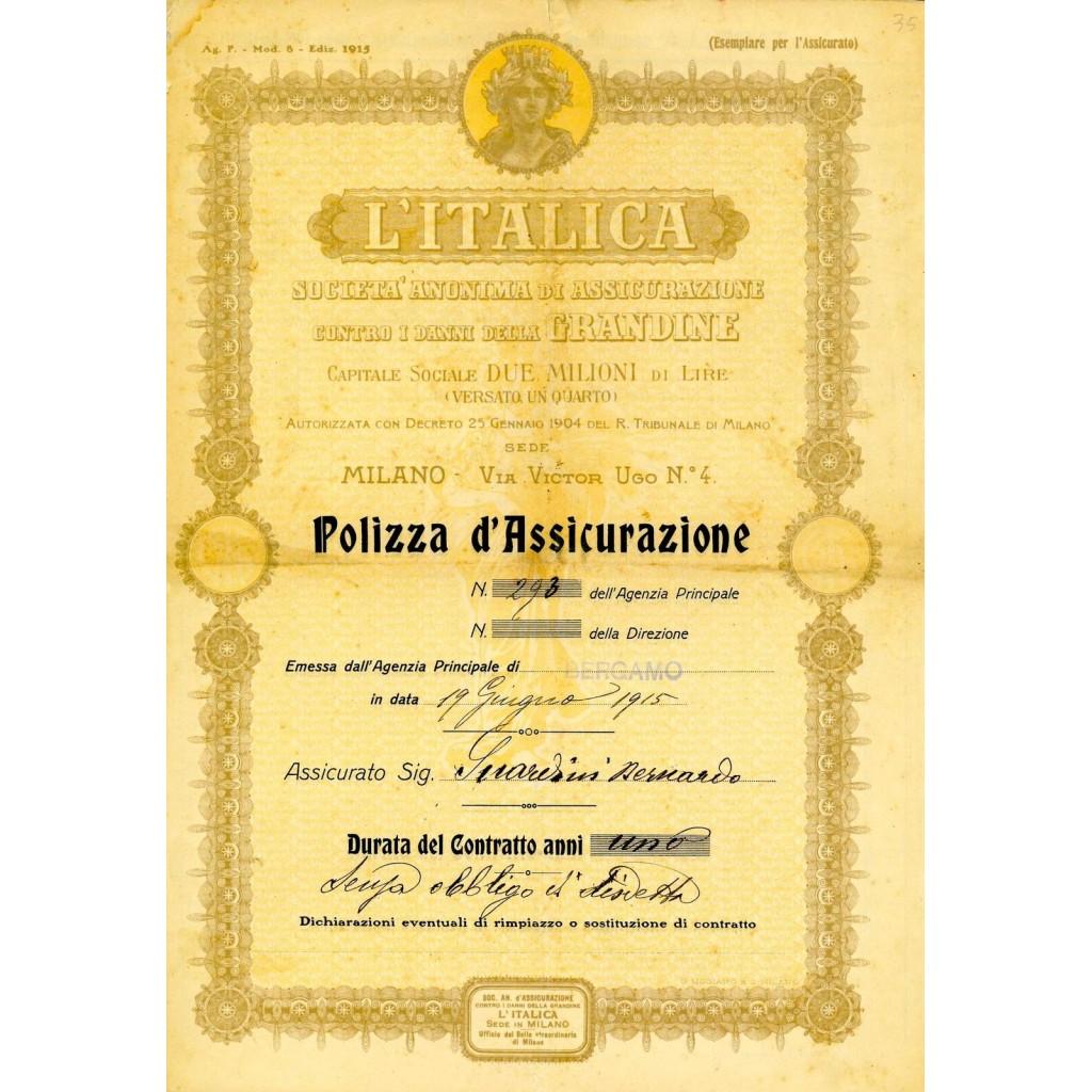 1915 - L'ITALICA SOCIETA' ANONIMA DI ASSICURAZIONE - GRANDINE - BERGAMO