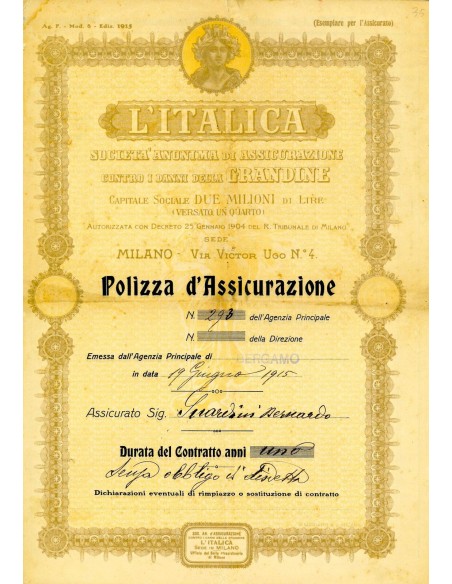 1915 - L'ITALICA SOCIETA' ANONIMA DI ASSICURAZIONE - GRANDINE - BERGAMO
