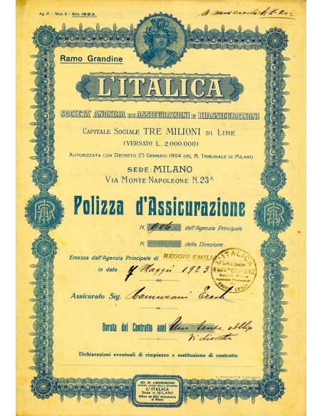 1923 - L'ITALICA SOCIETA' ANONIMA DI ASSICURAZIONI E RIASSICURAZIONI - GRANDINE - REGGIO EMILIA