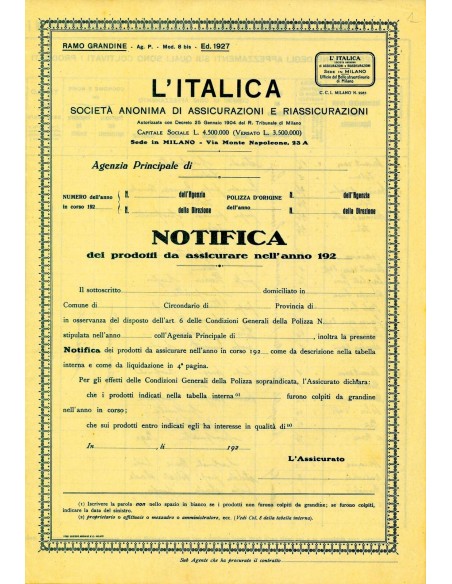 1927 - L'ITALICA SOCIETA' ANONIMA DI ASSICURAZIONI E RIASSICURAZIONI - GRANDINE - MILANO