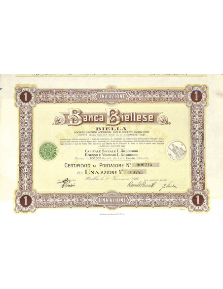 BANCA BIELLESE - UNA AZIONE - BIELLA 1924