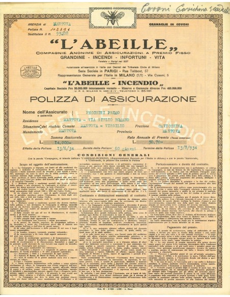 1934 - L'ABEILLE - INCENDIO - MANTOVA