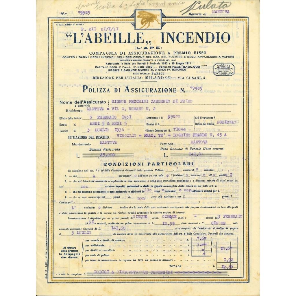 1931 - L'ABEILLE  INCENDIO (L'APE) - MILANO