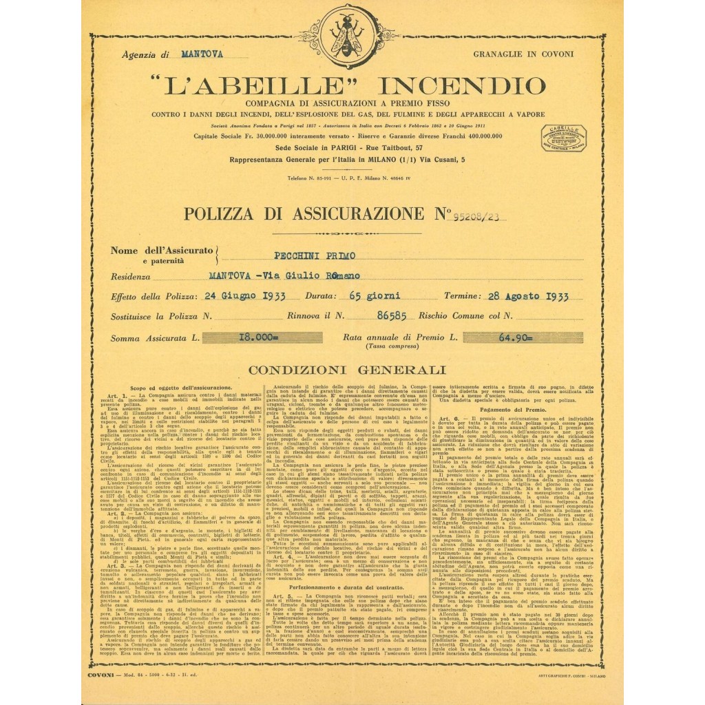 1933 - L'ABEILLE INCENDIO - MANTOVA