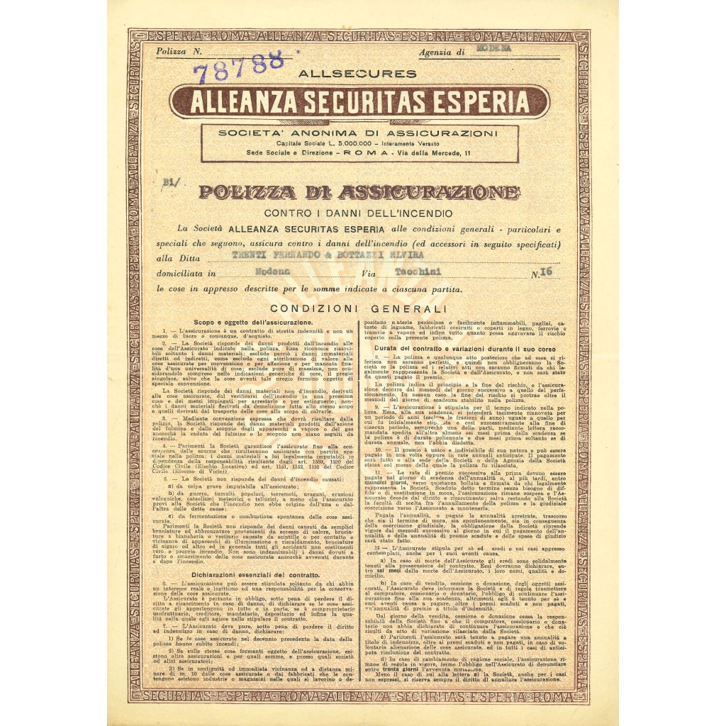 1941 - ALLEANZA SECURITAS ESPERIA - INCENDIO -...