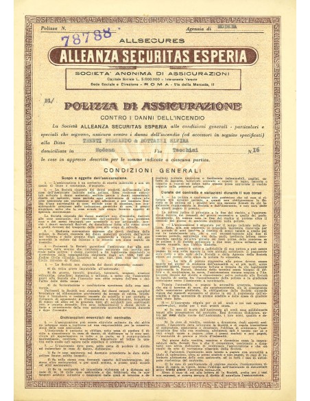 1941 - ALLEANZA SECURITAS ESPERIA - INCENDIO - ROMA