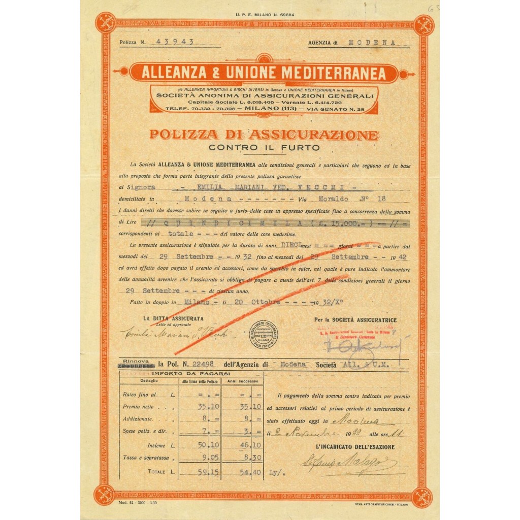 1932 - ALLEANZA & UNIONE MEDITERRANEA - FURTO -...