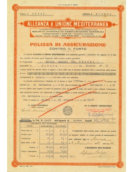 1932 - ALLEANZA & UNIONE MEDITERRANEA - FURTO - MODENA