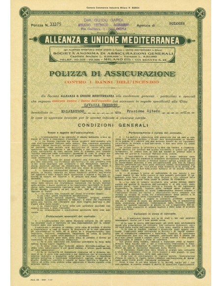 1927 - ALLEANZA & UNIONE MEDITERRANEA - INCENDIO - MILANO