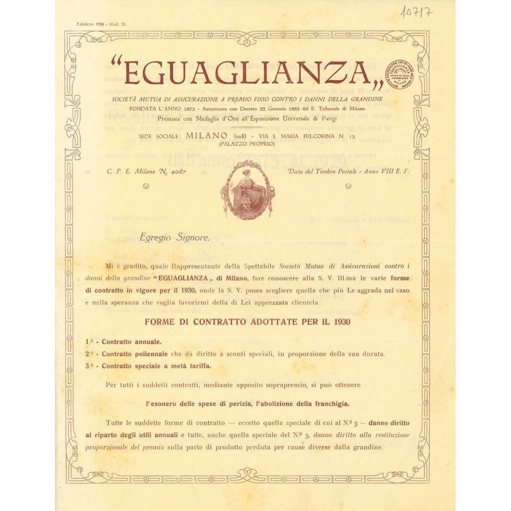 1930 - EGUAGLIANZA - GRANDINE - MILANO