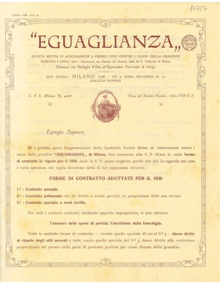 1930 - EGUAGLIANZA - GRANDINE - MILANO