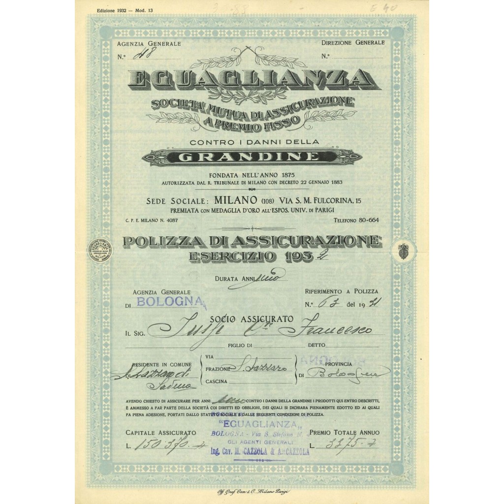 1932 - EGUAGLIANZA SOC. MUTUA DI ASSICURAZIONE...
