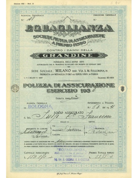 1932 - EGUAGLIANZA SOC. MUTUA DI ASSICURAZIONE - GRANDINE - BOLOGNA