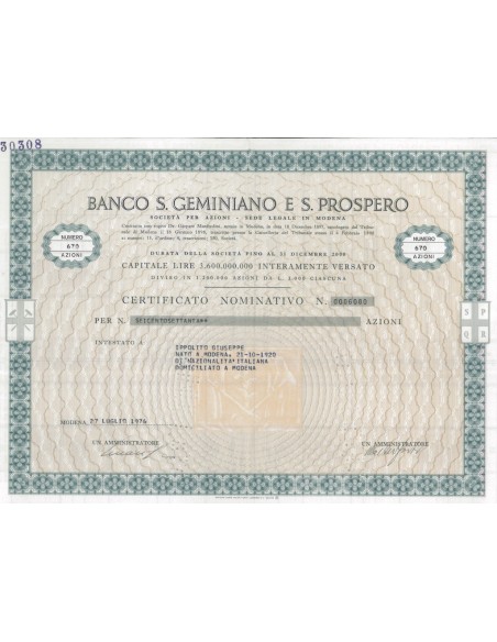BANCO S. GEMINIANO E SAN PROPSERO AZIONI 1976