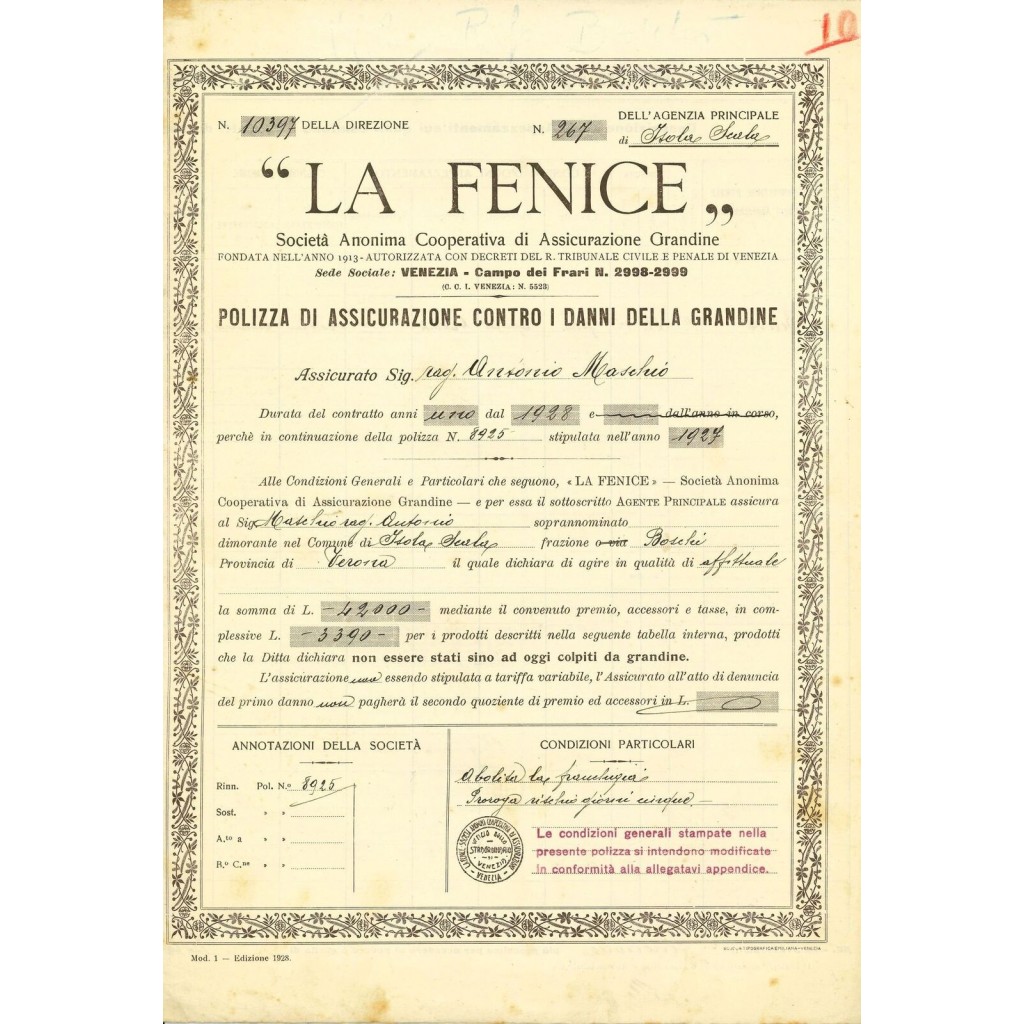 1928 - LA FENICE - GRANDINE - VENEZIA