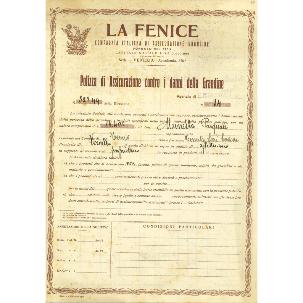 1936 - LA FENICE - GRANDINE - VERCELLI