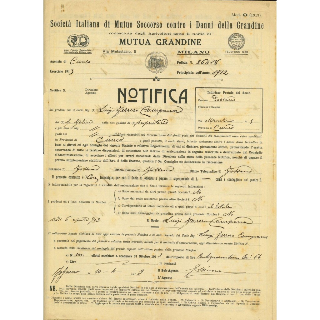 1913 - SOC. ITALIANA DI MUTUO SOCCORSO CONTRO I...